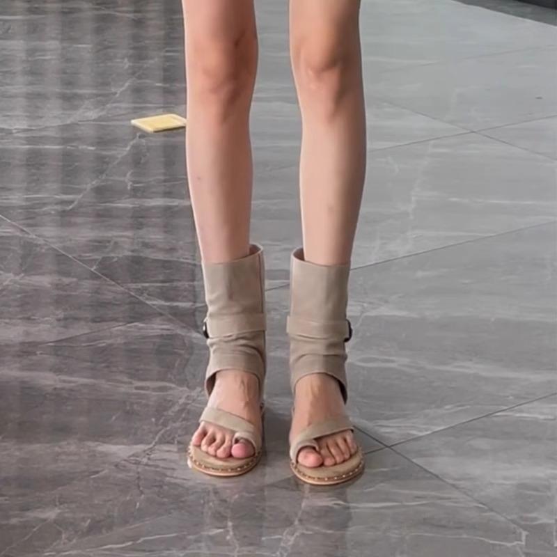 Summer French Short Boots Toe Flat Sandals Slope Heel Inner Heightening Cool Boots Women's Roman Shoes Boots