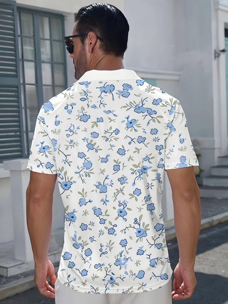 Printed Design – Not Textured Men's Short-Sleeve POLO, Flat Digital Print Pattern - Non-Textured Light Blue Small Floral Print, Stylish and Simple