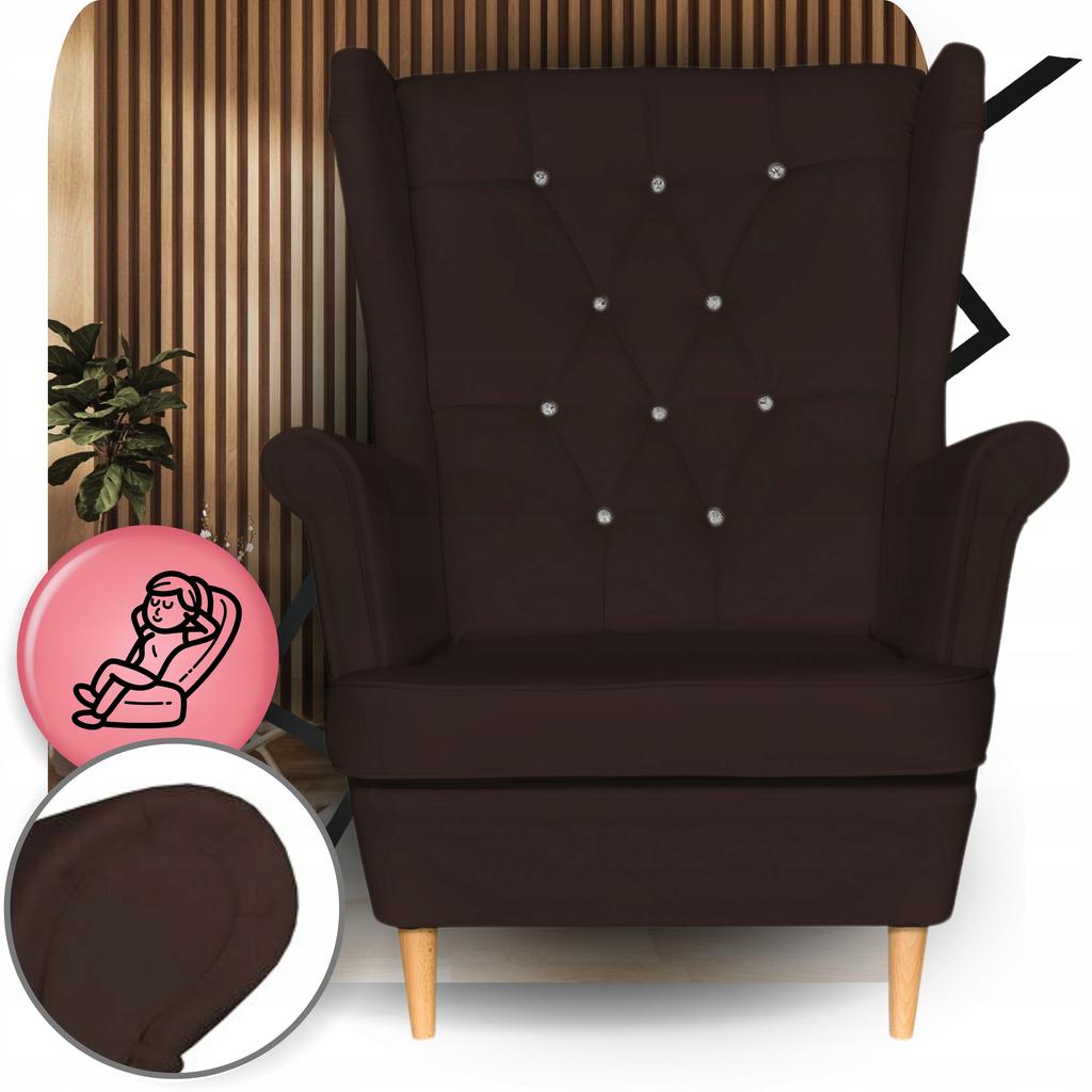 Fotel Uszak eko skóra Gaja z podnóżkiem Skandynawski Family meble brąz ciemny