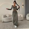 Casual European and American women's suit, solid color long-sleeved crew neck short slim-fit top, lace-up wide-leg pants two-piece set