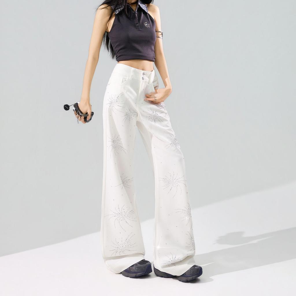 Spring Summer Firework Bling Rhinestone Wrinkle Resistant Four Way Stretch Drape Micro Flare Casual Denim Pants For Ladies Casual Denim Trousers