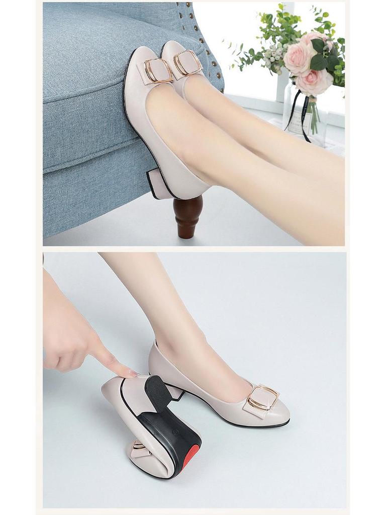 Four Seasons Women's Burgundy & Beige Leather Pointed-Toe Low-Cut Pumps with Medium Thick Heels.