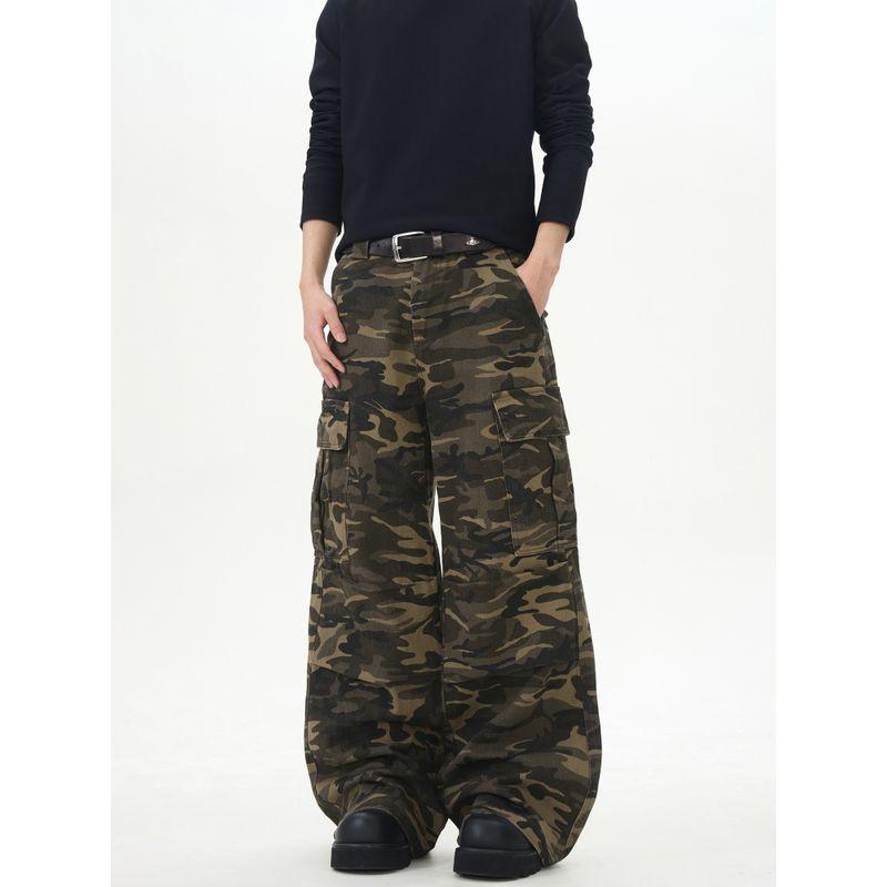 Kisko American Retro Multi-Pocket Drape Camouflage Flared Cargo Pants Unisex Trendy Straight Loose Casual Pants