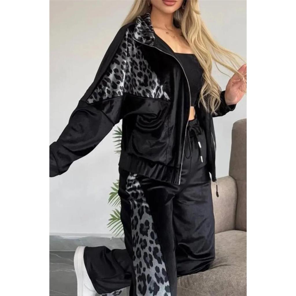 Women's Spring and Autumn Four Seasons Top with Long Sleeves Zipper Leopard Print + Trousers Two-piece Set
