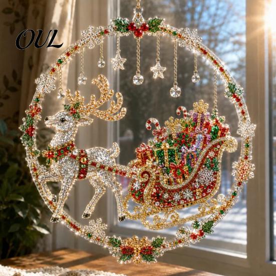 Handmade Christmas Home Decor Faux Diamond Art Ornament, DIY Santa Claus Sun Catcher Kit, Rhinestone Parent Child Interactive Crafts Xmas Wreath