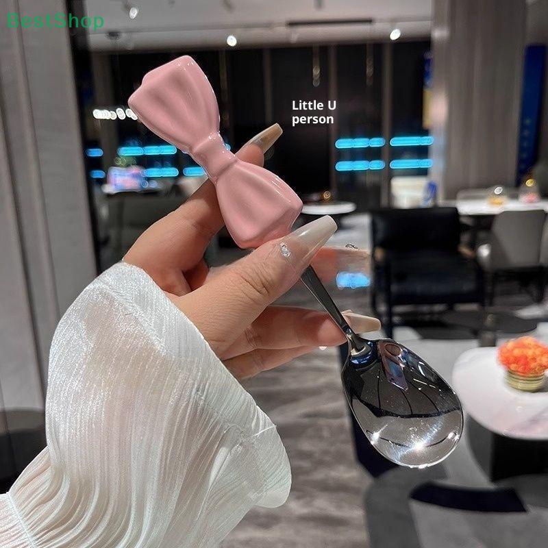Pink Bowknot Handle Stainless Steel Spoon, Fork, And Chopsticks Set-Cute Dessert Spoons, Colorful Tableware for Coffee, Tea