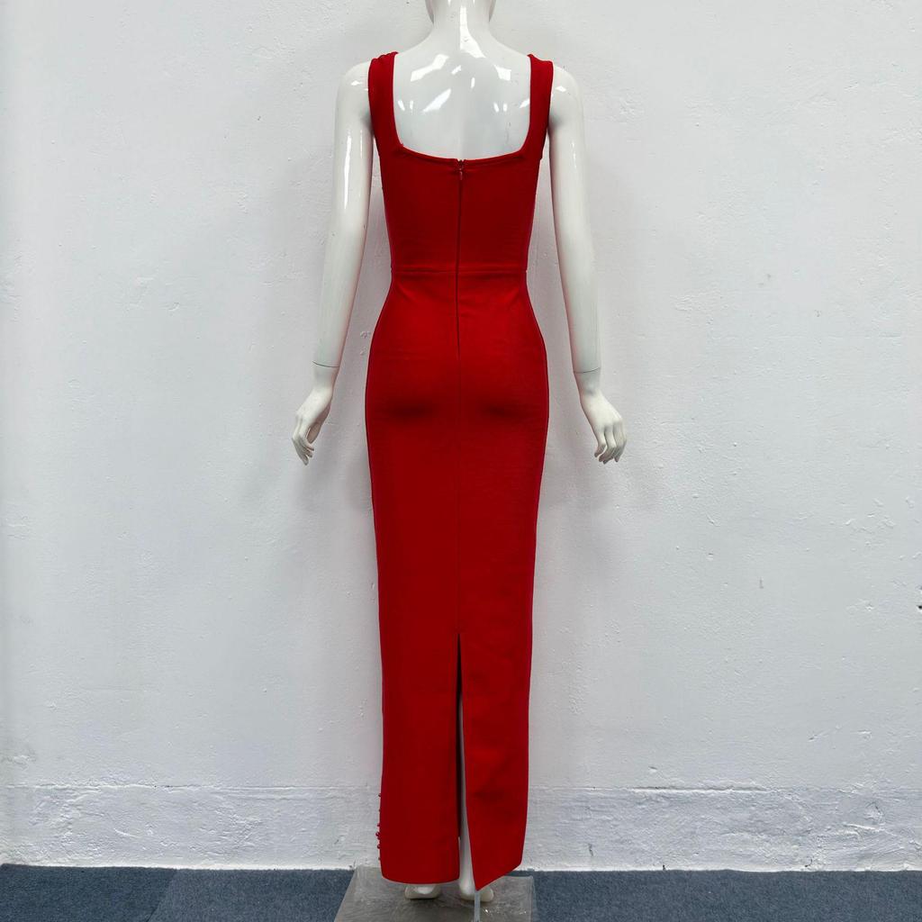 Elegante Vestido de Noite Bandage Quadrado com Alças Finas e Contas