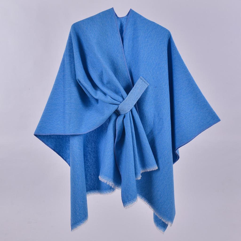 Women's Autumn & Winter Double-Sided Faux Cashmere Cape Shawl - Solid Color with Slit