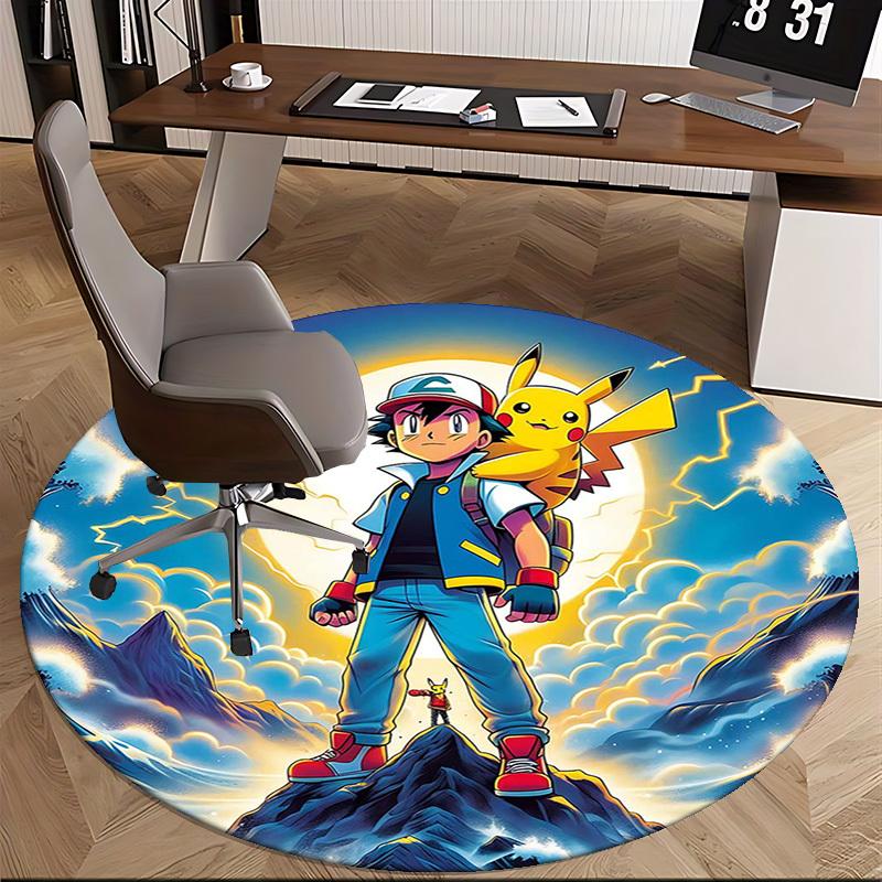 1pc Pokemon Pikachu & Ash Round Carpet - Anime Design Chair Mat for Office, Home Decor, Living Room