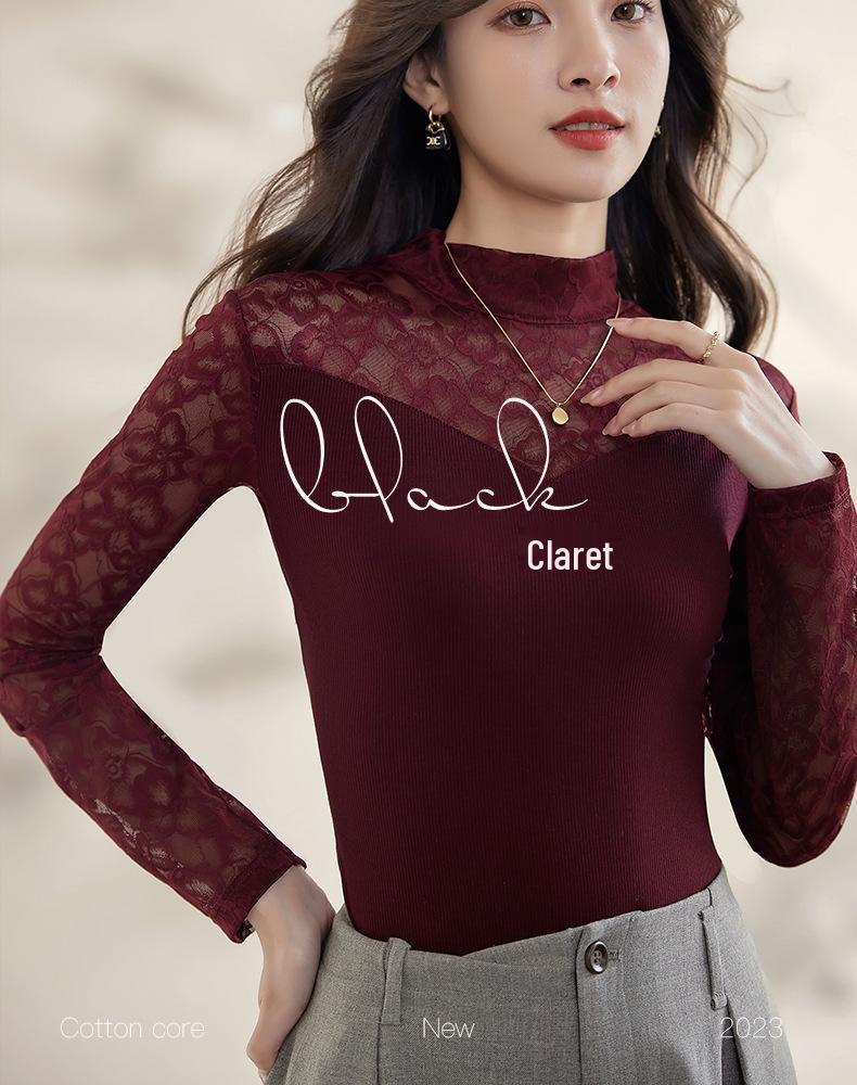 New Style Embroidered Mesh Lace Base Layer Shirt - Women's Slim Fit, Long Sleeve, Spring/Autumn Fashion Top