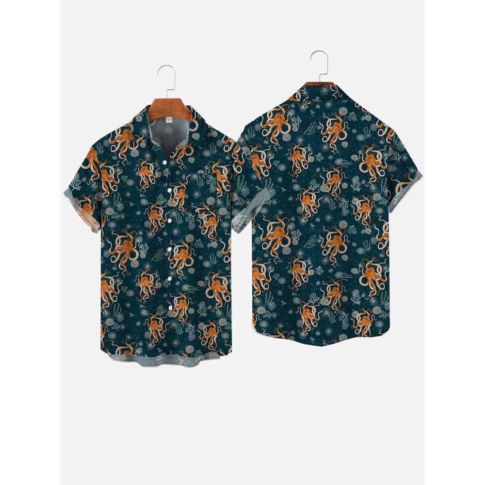 Octopus Print Men Hawaiian Shirt Summer Beach Short Sleeve