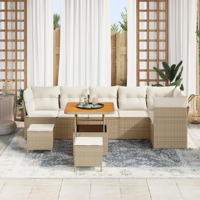 VidaXL Ensemble de Canapés de Jardin 9 Pièces avec Coussins Beiges Poly Rattan Acacia 3361501