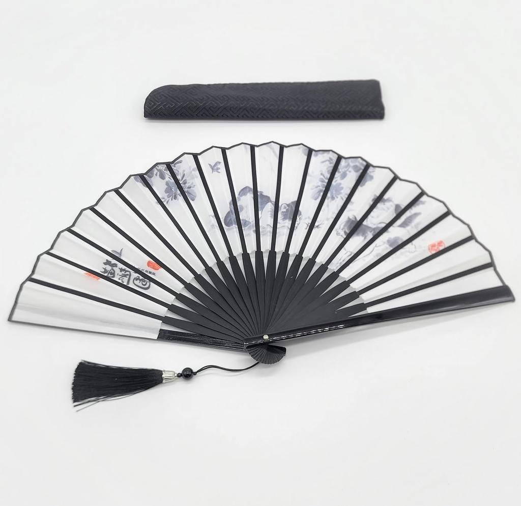 White fan with cat featuring three spotted cats in an antique ink painting Includes a black brocade fan design, style. case.