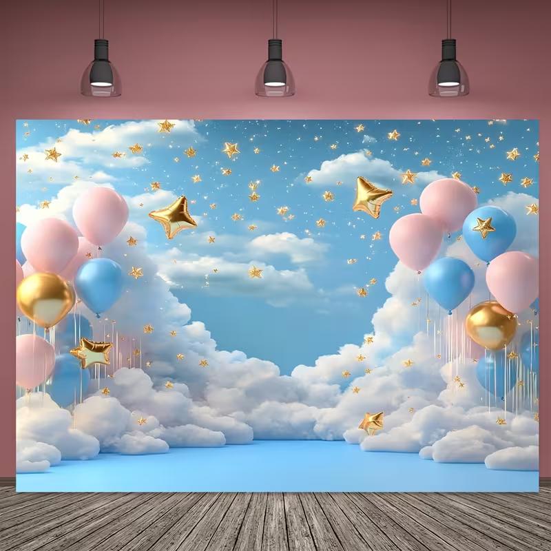 2D Cloud & Star Balloon Tapestry, Baby Shower Home Decor