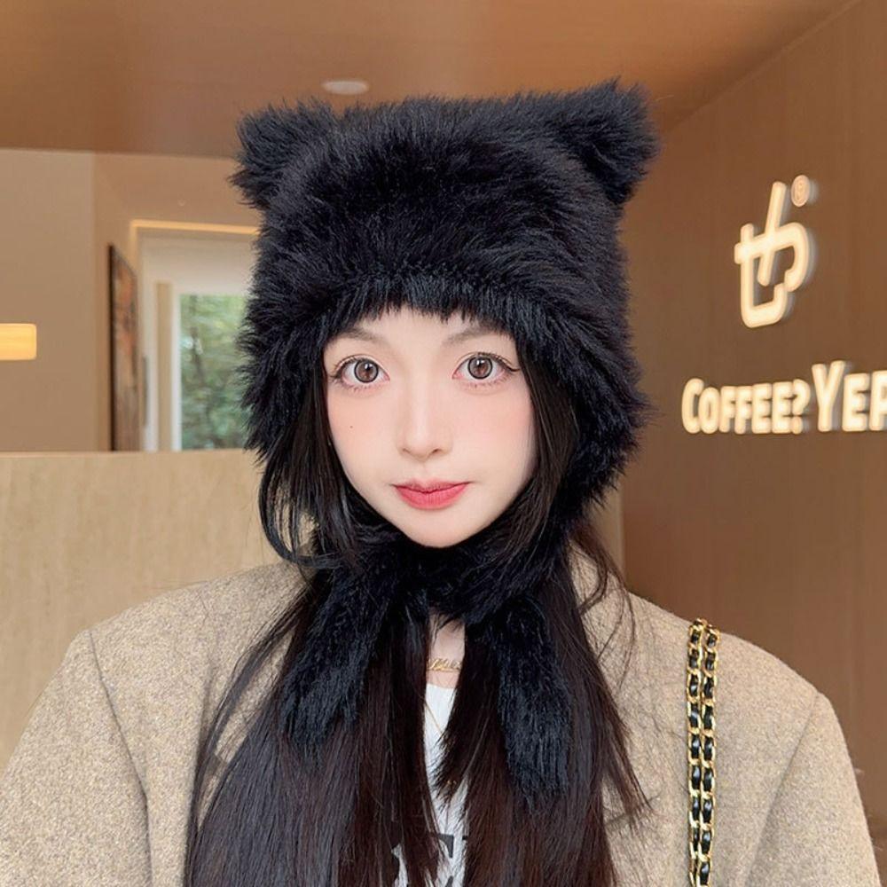Solid Color Beanies Cap Windproof Women Earmuffs Cap Cute Winter Bear Ears Hat