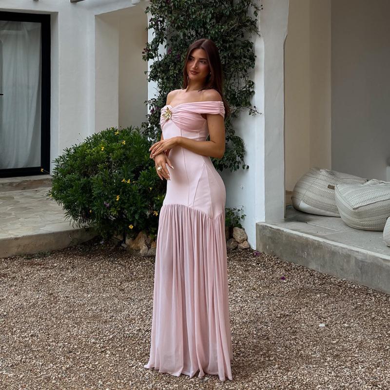 Женское летнее новое платье-труба с темпераментом, длинное, с открытыми плечами, сетчатая вставка, облегающее бедра S розовый
