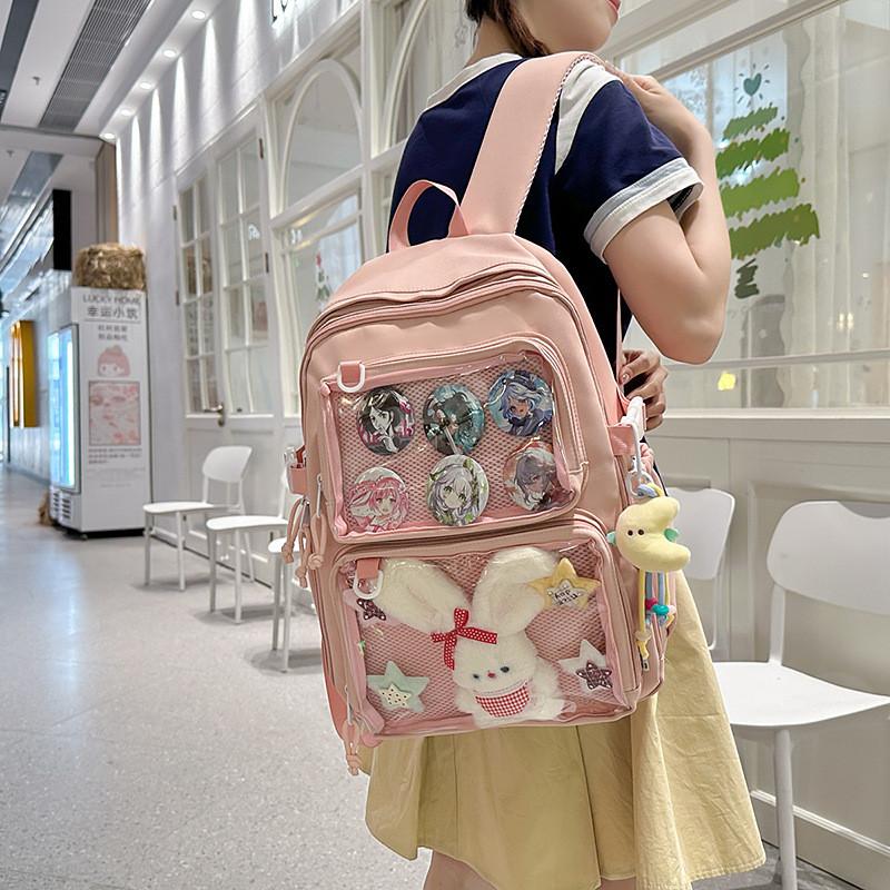 Simple Solid Color Large Capacity Student Backpack With Pendant And Badge
