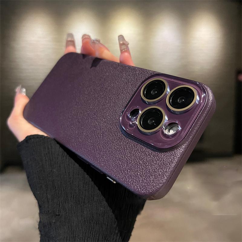 Crystal Glass Lens Protection Lychee Textured Leather Case for iPhone 15 Pro Max 14 13 12 Shockproof Protection Hard PC Cover