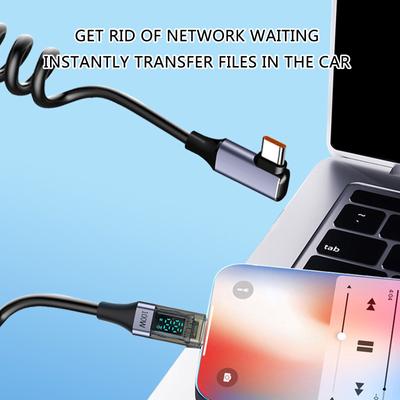 USB Type C Spring Data Cord 90 Degree Elbow PD100W Fast Charging Cable with Digital Display for Laptops Tablets Phones