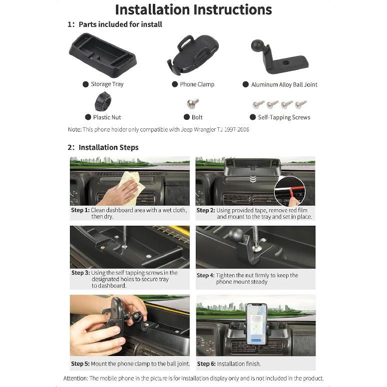 JeCar TJ Phone Holder Upgrade Dash Cellphone Mount With Storage Tray Interior Accessories Compatible With Jeep Wrangler TJ 1997-2006