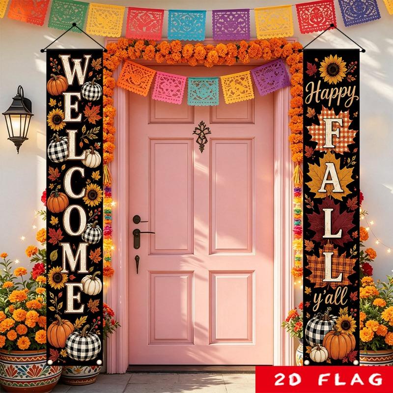 2D Flat, 2D Flat - 2D Flat Banner, 2pcs Retro Autumn Pumpkin Thanksgiving Couplets Banner, 180Cm/30Cm, 70.8In/11.8In, Polyester Fabric, No Electricity