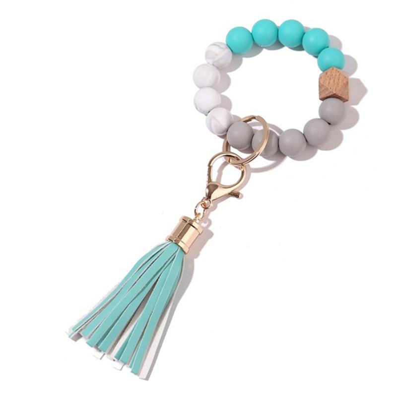 Stock Silicone Beads Elastic Bangle Bracelet Keychain Leather Tassel Silicone Beads Bracelet Wristlet Keychain for Women