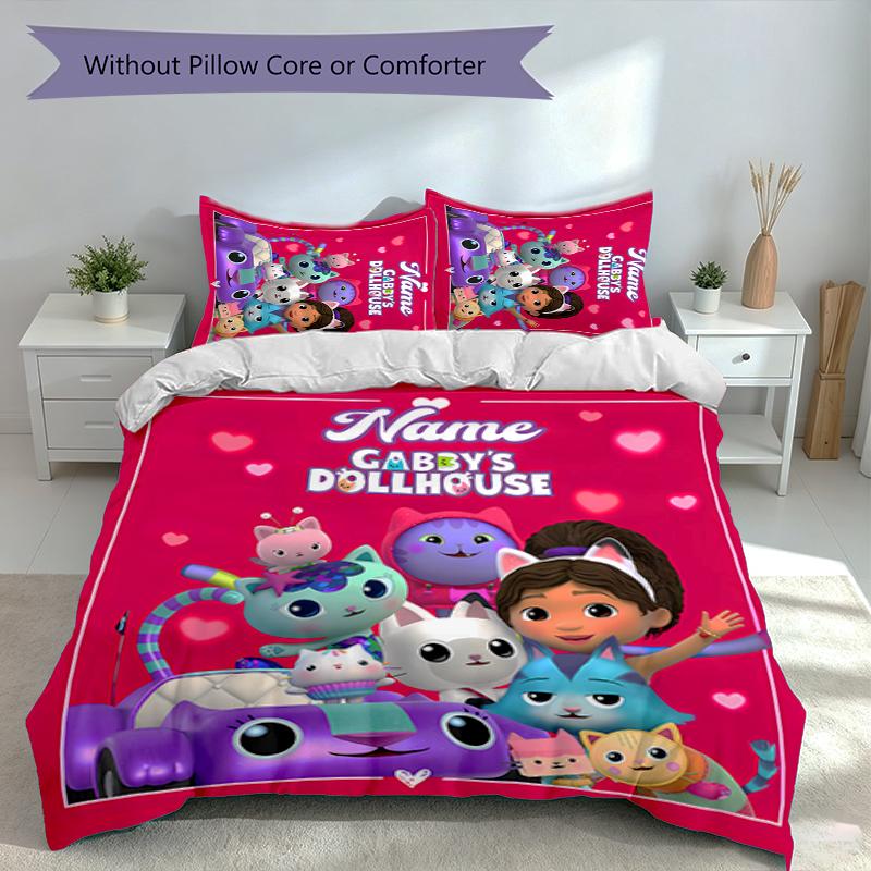 3pcs Custom Name Gabby's Dollhouse Set,Includes 1 Duvet Cover and 2 Pillowcases,All-season Bedroom Decor