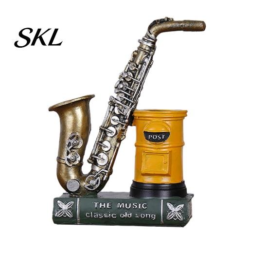 Retro Desk Decor Vintage Saxophone & Violin Pen Holder, Resin Musical Instrument Organizer, Weighted Artistic Organizer Base Pencil Stand for