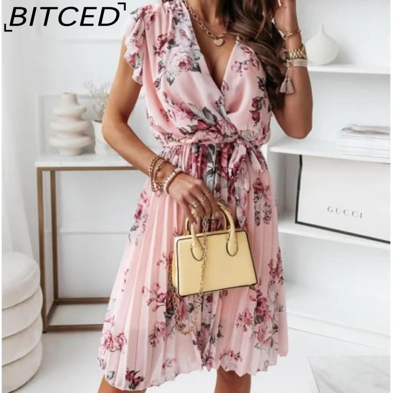 

BITCED Женские летние платья с коротким рукавом, V-образным вырезом и цифровой печатью S розовый