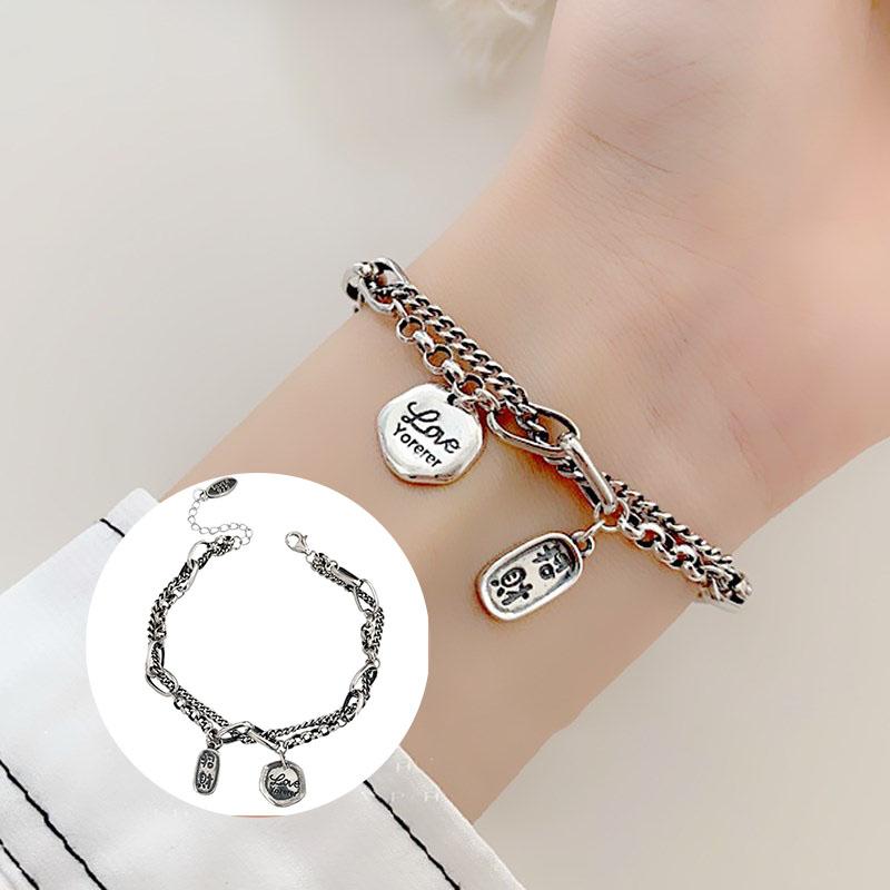 Braccialetto d'Argento Thailandese da Donna Vintage Geometrico Cuore Amore Fortunato Punk Gioielli 2023 Nuovo