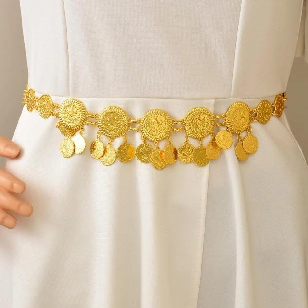 Fashion Gold Color Waist Chain Coin Tassel Handmade Bridal Jewelry Belt Metal Ethnic Style Waist for Wedding Gown Long Dress