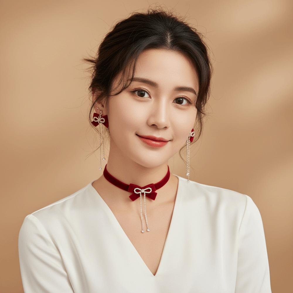 Rhinestone Bow Choker Zinc Zinc Alloy Velvet Collar Necklaces Exquisite Bowknot Earrings  New Year