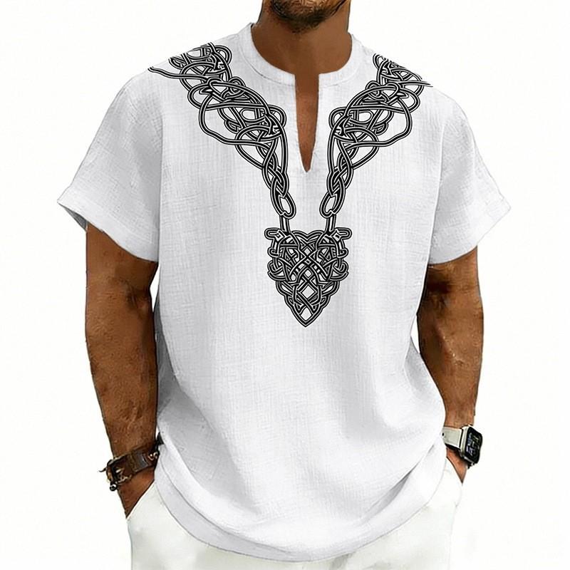 Mens Loose Casual Short Sleeve Ethnic Print Stand Collar Shirt S