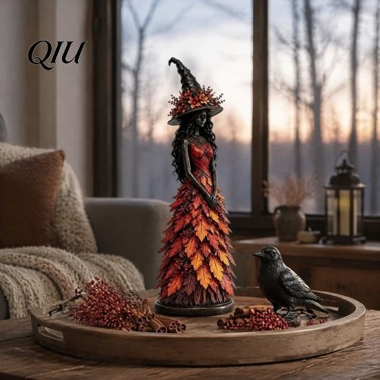 Gothic Shelf Accent Autumn Witch Figurine Statue, Resin Halloween Fall Tabletop Decor, Thanksgiving Table Centerpiece Ornament for Mantel Fireplace