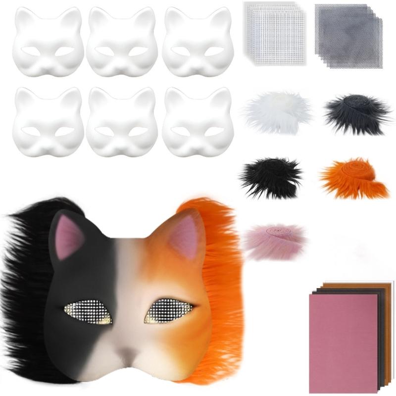 Cats Foxes Mask with Furs Eye Meshes Gem Sticker,Therians Dress Up Mask to Paint,Animal Mask Arts Craft Kit,Costume Mask
