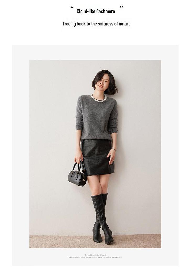 Women's Color Block Round Neck Cashmere Sweater – Loose Knit Pullover for Autumn and Winter, Versatile Fashionable Wool Top