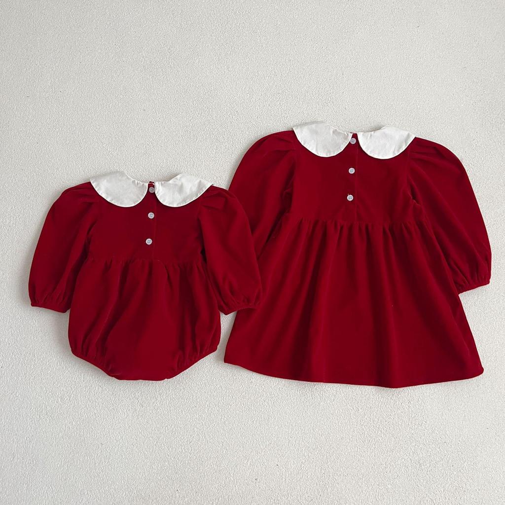Red Baby Girls' Doll Collar Dress Bodysuit - Sisters' Spring/Autumn Romper Outfit
