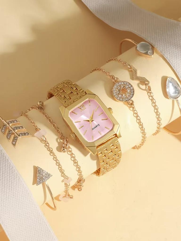 Fashionable simple versatile steel band square dial women's quartz watch bracelet set of 7, suitable for Christmas and Thanksgiv