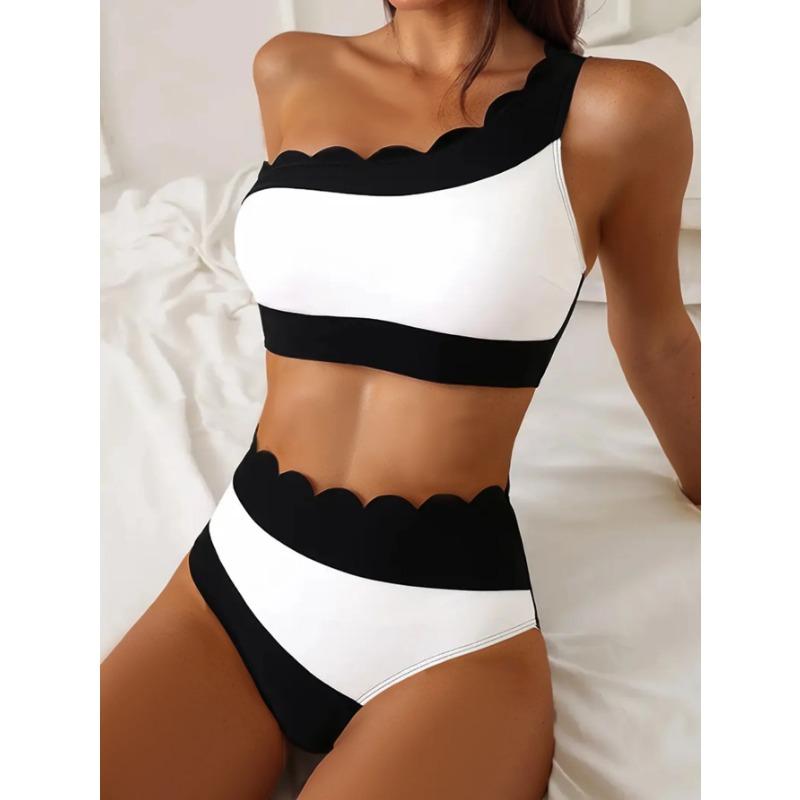 Sexy Black White Patchwork Bikini Women Ruffles One Shoulder Push Up High Waist Swimsuit Summer Bathing Suit Vacation Swimwear
