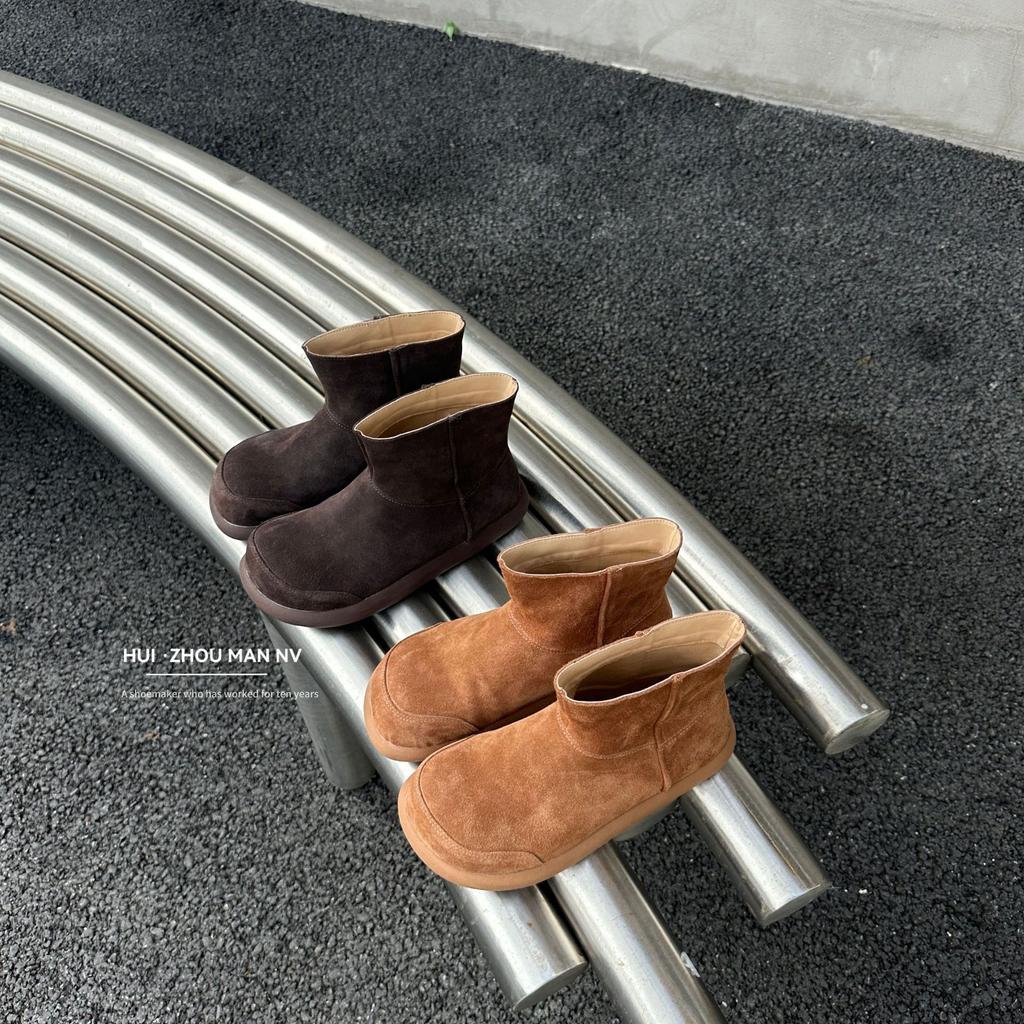 First layer cowhide~ genuine leather retro ugly cute big head boots flat bottom short boots women's Maillard round head Martin boots