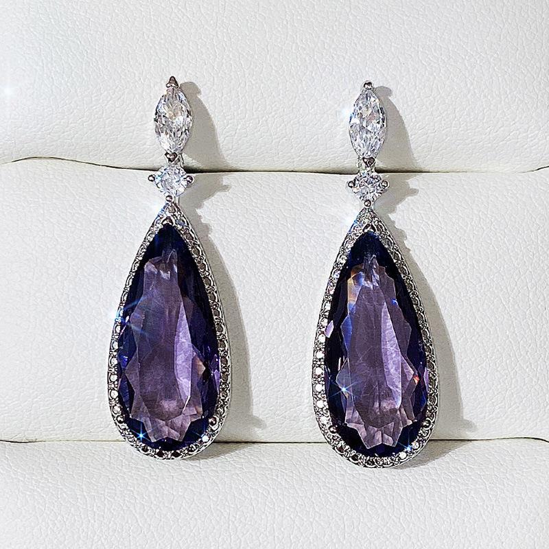 Silver Halo Purple Teardrop CZ Dangle Earrings Marquise Top Tanzanite Color Crystal Drop Earrings Women Luxury Wedding Jewelry