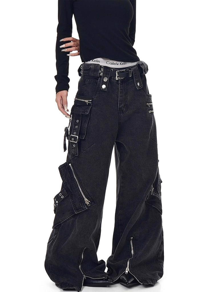Jeans in Denim Punk Gamba Larga Y2K: Abbigliamento da lavoro resistente, multitasche per uomo e donna