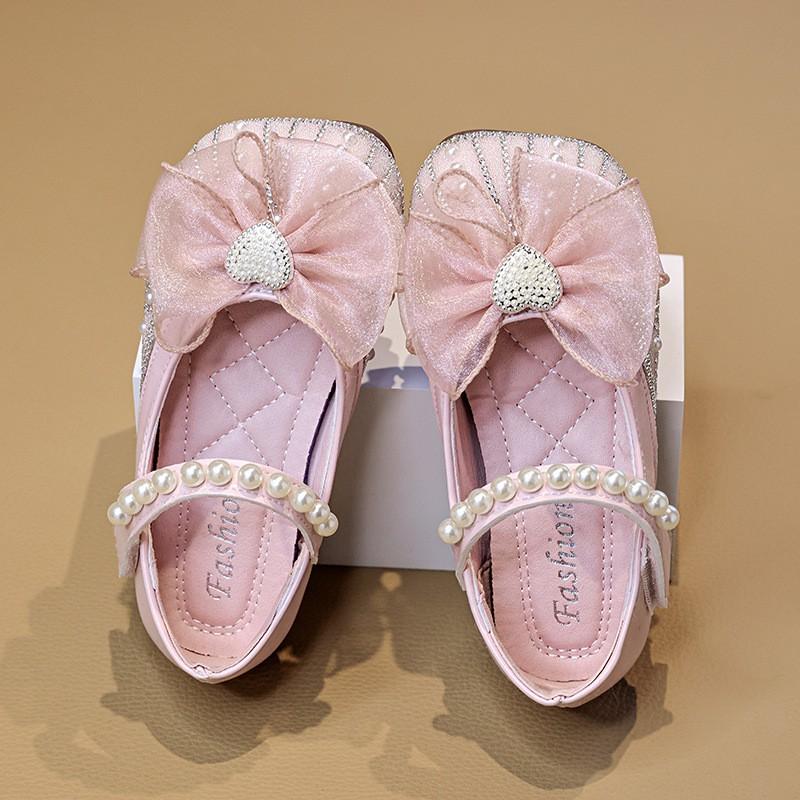 Girls Princess Shoes Fall 2026 Kids Pearl Decorated Flat With Bow Soft Sole Toddler Kid