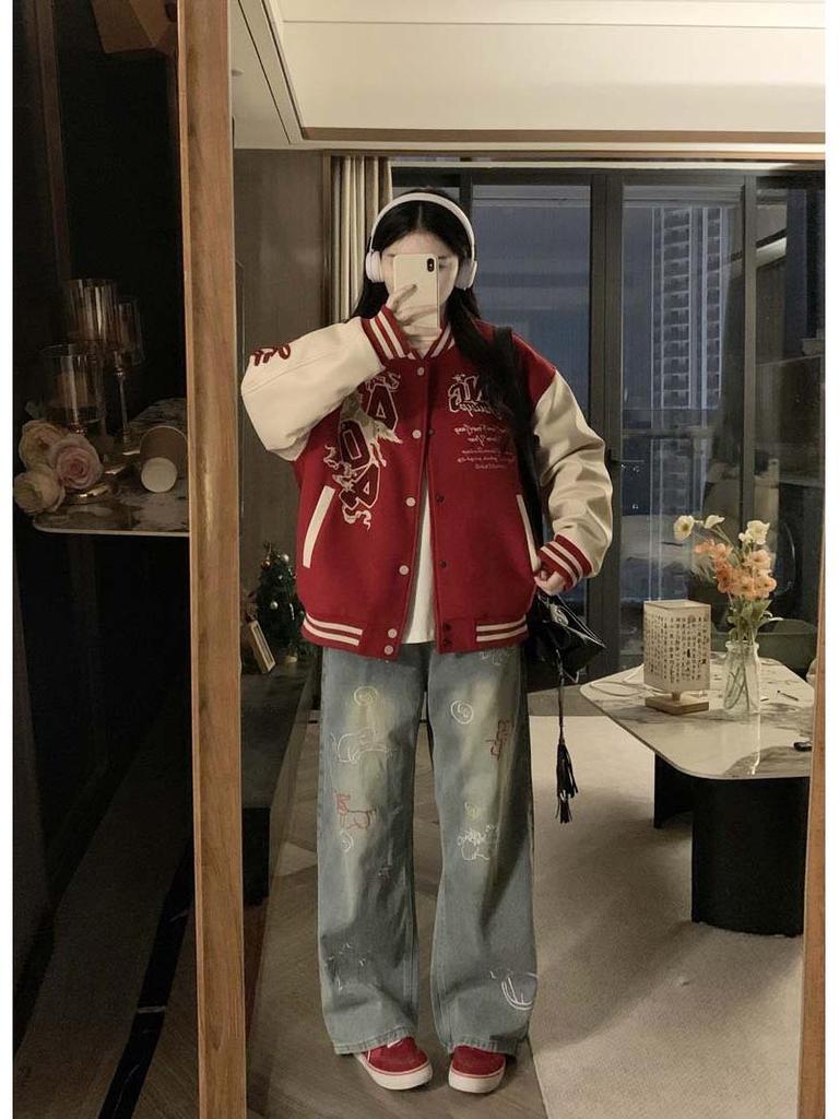 Women's Year of the Horse Embroidered Red Baseball Jacket Coat, 2026 Trendy Couple Design