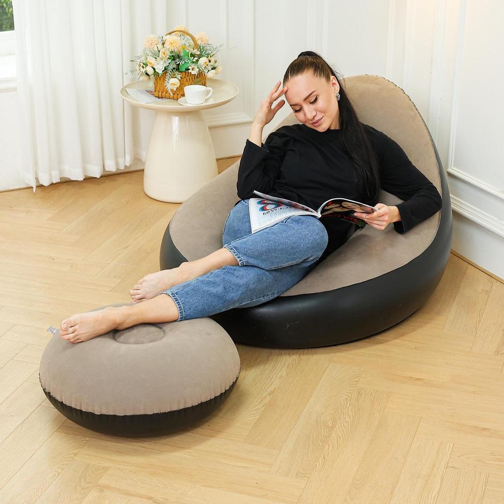 Inflatable Foldable Outdoor Sofa Bed & Footrest Flocking Lounger Chair