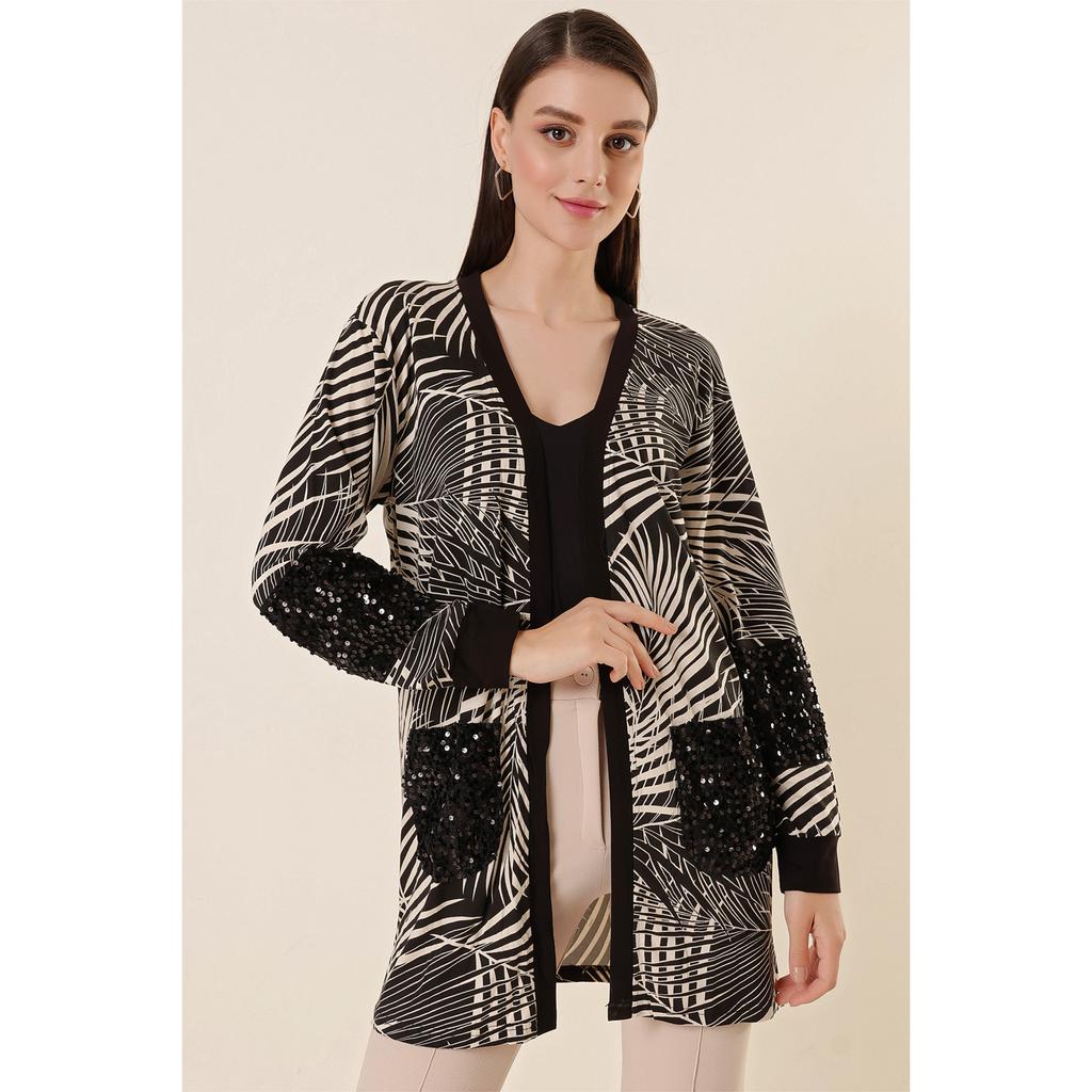 Pulp Detailed Leaf Patterned Pocket Lycra Cardigan
