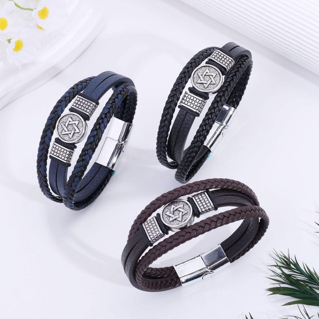 Men's Versatile Hip-Hop Bracelet - Woven Leather, Six-Pointed Star Design, Japanese/Korean Style