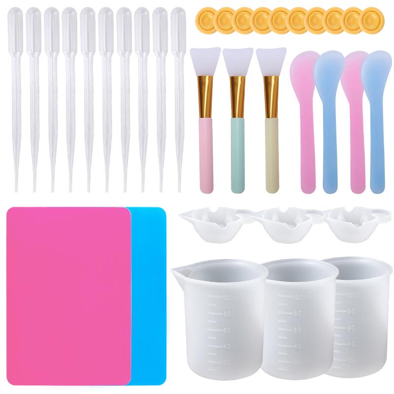 Easy Clean Silicone Resin Measuring Cups Tool Kit with Stir Sticks Pipettes Spatula Finger Cots for Epoxy Resin Mixing Supplies