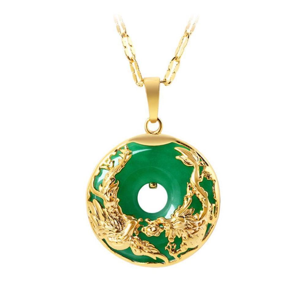 Elegant Gold Plated Green Chalcedony Pendant Necklace Women Laos Dragon Phoenix Jewelry