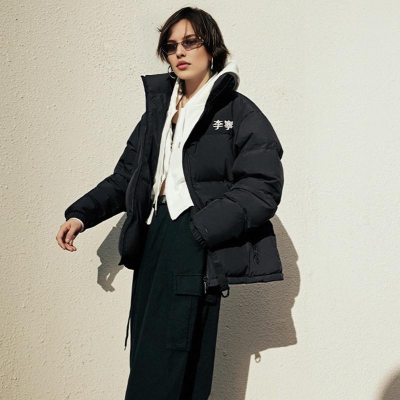 Li Ning Campus Series Solid Color Stand Collar Warm Winter Short Zipper Down Jacket Unisex outerwear Black YYMU141-4
